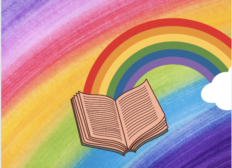 An open book with a rainbow extending from the pages sits atop a multicolored rainbow background that looks like it was created from colored pencil.